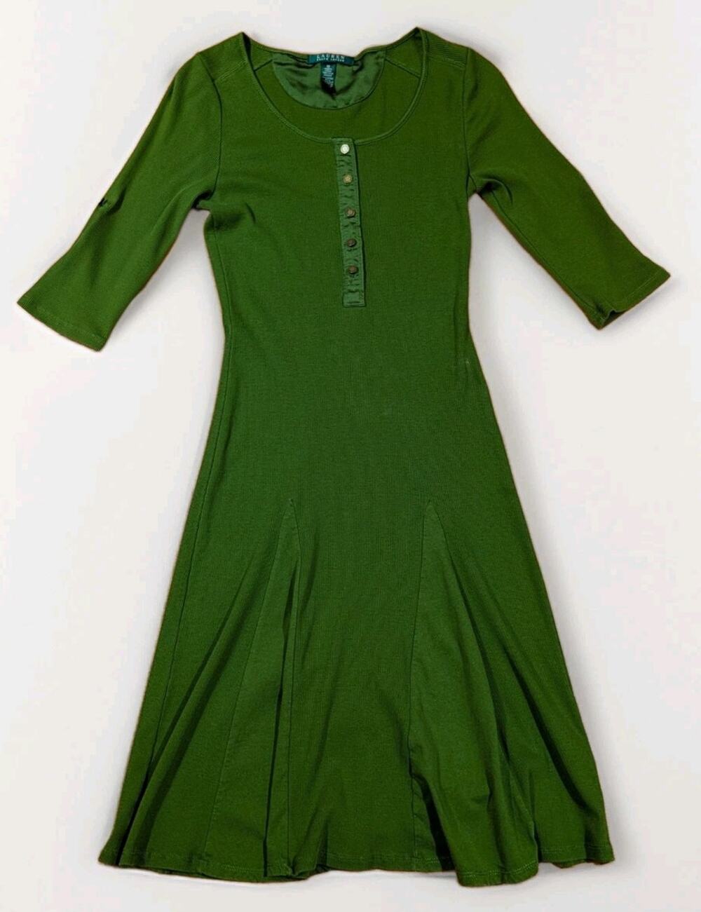 Y2K Lauren Ralph Lauren Womens M Olive Green Ribbed Henley Fit Flare Midi Dress